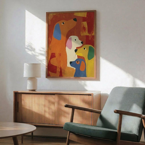 May include: Colorful abstract dog illustration artwork in wooden frame hanging above mid-century modern walnut credenza with white ceramic lamp, next to sage green upholstered armchair. Artwork features four stylized dog heads in warm orange, red, yellow, white, and blue tones against textured background. Sunlight streams across white wall creating geometric shadows in modern living room setting.