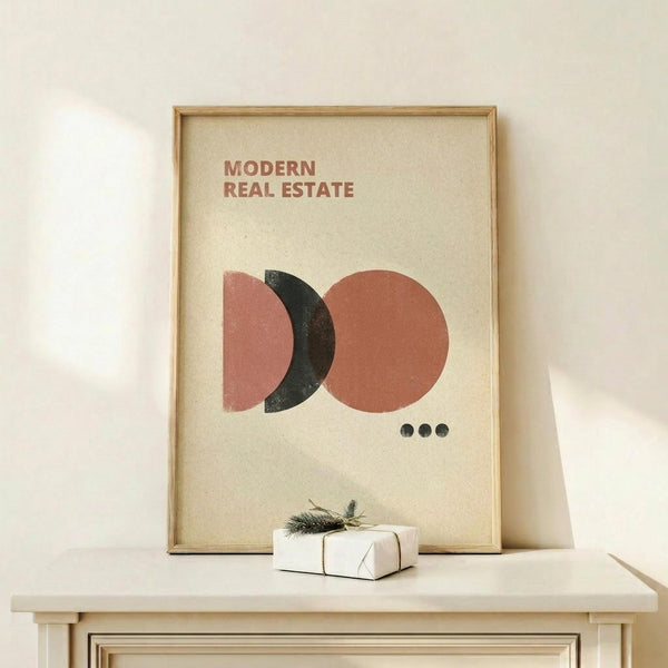 May include: Framed abstract art print with beige background featuring overlapping geometric shapes in coral pink, rust orange, and dark green with three small dots below. Text reads "MODERN REAL ESTATE" in rust lettering. Natural wood frame sits on light wooden surface beside small wrapped gift with pine sprig against cream wall.