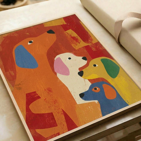 Colorful abstract illustration of four stylized dogs in geometric shapes on a textured red background. The dogs are rendered in orange, white, yellow, and blue with simplified features and colorful ears. The artwork has a vintage, distressed texture and is shown as a flat print on white paper with rolled paper tubes nearby, suggesting it's ready for shipping or display.