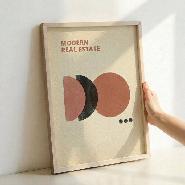 May include: Hand holding a framed abstract art print with geometric shapes in coral, black, and terracotta tones. The minimalist design features overlapping circles and crescents on cream textured paper. Text reads "MODERN REAL ESTATE" at top with three small dots below the shapes. Natural wood frame against white wall with soft lighting creating gentle shadows.
