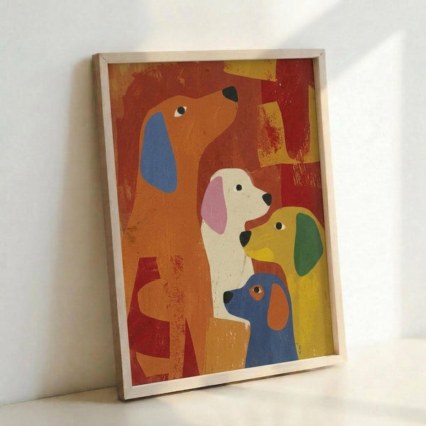 May include: Framed colorful dog illustration artwork leaning against white wall. The print features four stylized dogs in vibrant colors - orange with blue ears, white with pink ears, yellow with green ears, and blue with orange ears - arranged in an overlapping composition against warm red and yellow background. Light wood frame with visible texture and brushstroke-style artistic treatment throughout the design.