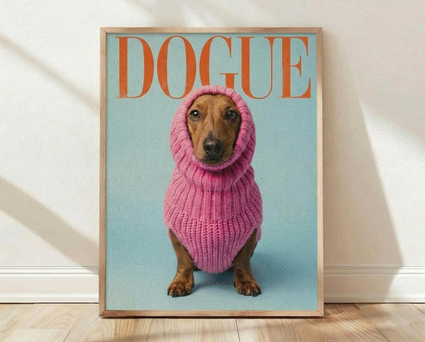 May include: Framed poster print leaning against white wall on light wood floor. Features dachshund dog wearing oversized pink knit hoodie on pale blue background. Orange "DOGUE" text at top mimics fashion magazine style. Natural wood frame surrounds the artwork. Soft shadows cast on textured white wall behind.