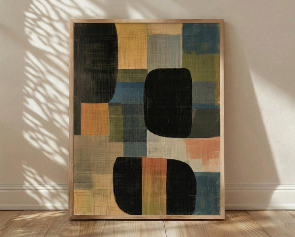 May include: Abstract geometric artwork in wooden frame leaning against white wall on hardwood floor with palm leaf shadows. Features overlapping rounded rectangles in black, sage green, dusty blue, coral orange, and cream with textured brushstroke appearance in modern minimalist room setting.