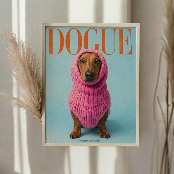 May include: Framed poster print displayed on white wall showing dachshund dog wearing oversized pink knit hoodie against light blue background, with "DOGUE" text in orange letters at top mimicking fashion magazine cover style. Dried pampas grass visible in foreground, white curtains in background.