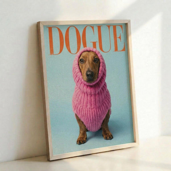 May include: Framed poster print leaning against white wall showing dachshund dog wearing oversized pink knitted hoodie on light blue background, with orange "DOGUE" text at top in magazine-style layout, displayed in natural wood frame