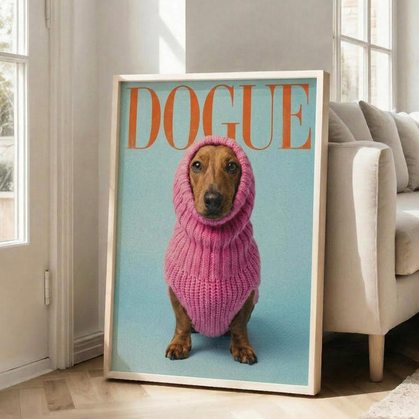 May include: Framed poster featuring a brown dachshund wearing a pink knit hoodie on a light blue background with "DOGUE" text in orange letters, displayed against white wall next to beige sectional sofa in bright living room with hardwood floors and large windows