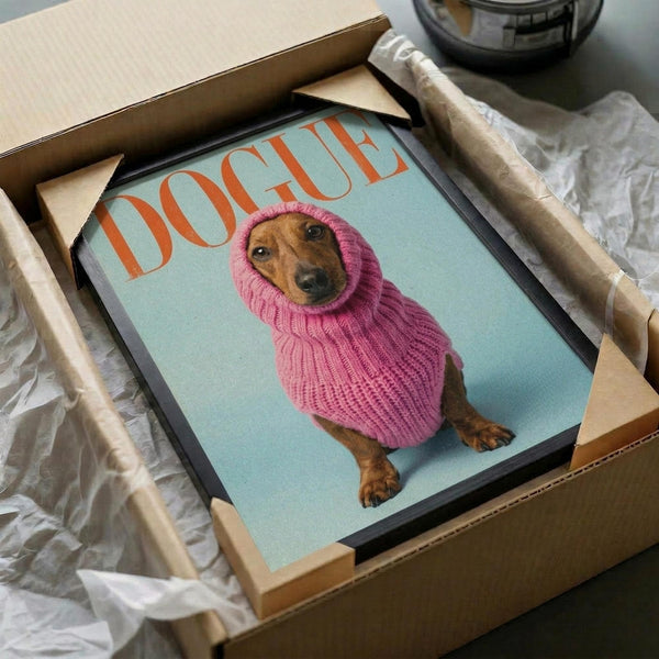 May include: Framed poster print in cardboard shipping box with protective packaging. Print shows dachshund dog wearing oversized pink knit hoodie on light blue background with orange "DOGUE" text in fashion magazine style. Black frame visible with wooden corner protectors and white tissue paper packaging materials surrounding the box.