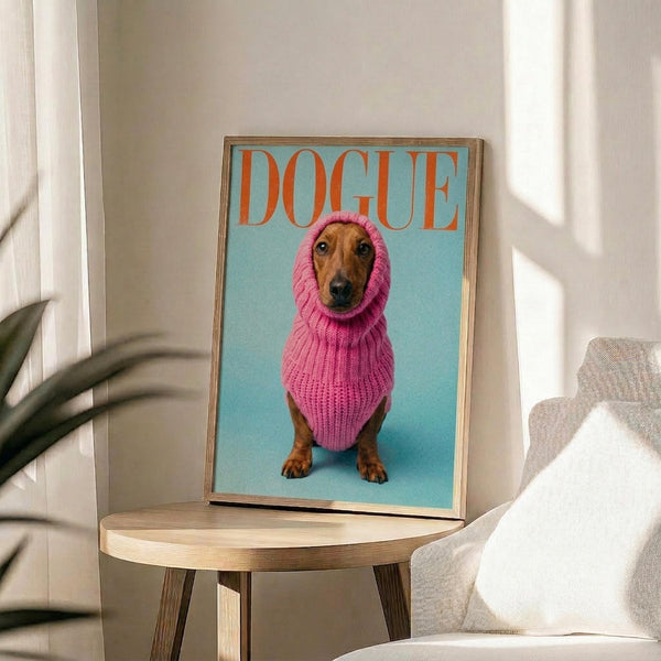 May include: Framed poster featuring a dachshund wearing a bright pink knit hoodie against a turquoise background, with "DOGUE" text in orange letters at the top. The wooden-framed print sits on a round wooden side table next to a beige upholstered chair, with a plant and white curtains visible in the sunlit room setting.