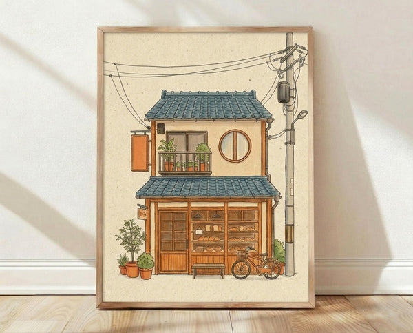 May include: Framed illustration of a two-story Japanese bakery with blue tile roof, wooden storefront displaying baked goods, small balcony with plants, circular window, bicycle parked outside, potted plants, and overhead power lines. The artwork has a warm beige background with detailed line art in muted colors, displayed in a light wood frame against white walls on wooden flooring with natural lighting.