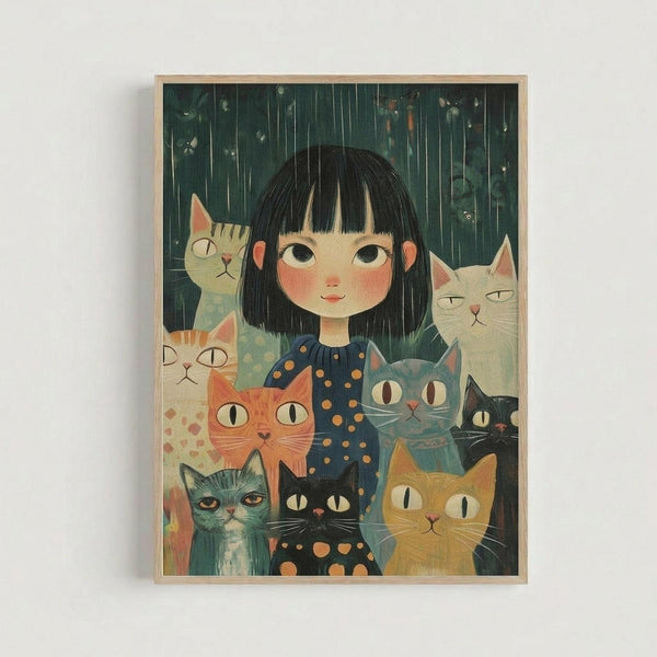 Whimsical illustration of a young girl with black bob haircut and rosy cheeks wearing a navy blue polka dot dress, surrounded by eight cats in various colors including orange tabby, gray, white, black, and blue-green. Rain falls in the dark green background with floating leaves and petals. The artwork has a soft, children's book illustration style and is displayed in a light wooden frame against a white wall.