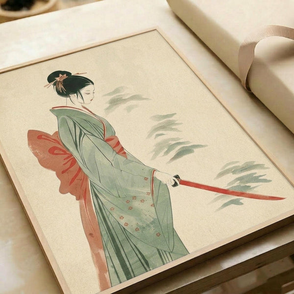 May include: Japanese-inspired artwork print displayed in white matted frame on light wooden surface. Shows woman in flowing sage green kimono with coral red obi sash, holding red katana sword. Traditional art style with soft watercolor-like background featuring delicate green foliage. Print has cream colored background with subtle texture, presented alongside rolled white paper.