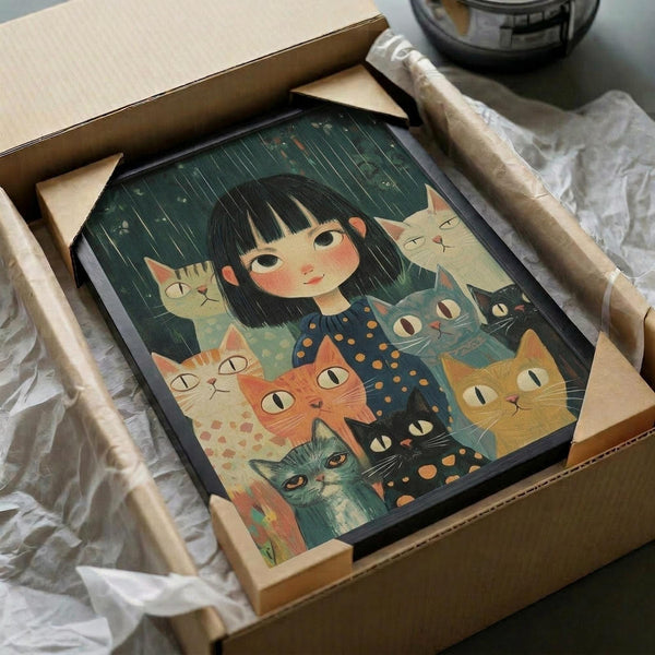 May include: Framed art print in cardboard shipping box with protective packaging. The artwork shows a young girl with black bob haircut and rosy cheeks surrounded by multiple cats in various colors - orange, gray, black, and cream. The illustration has a whimsical, children's book style with rain falling in the background. The print appears to have a dark frame and is carefully packaged with brown paper tubes and white tissue paper for shipping protection.