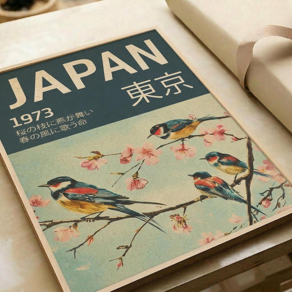 May include: Vintage-style poster featuring colorful birds perched on cherry blossom branches against pale green background, with "JAPAN" and "1973" text in dark teal header, displayed on white surface alongside rolled paper and neutral fabric materials in soft natural lighting.