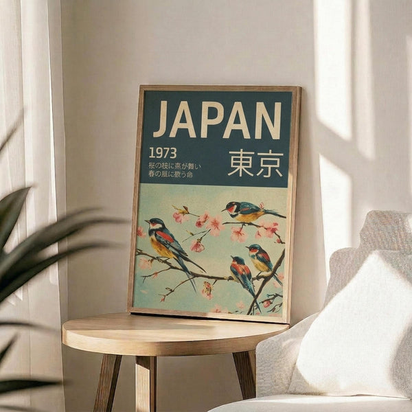 May include: Framed vintage-style travel poster displayed on round wooden side table next to beige upholstered chair. Poster features teal header with cream text reading "JAPAN 1973" and Japanese characters, below colorful illustrated birds perched on cherry blossom branches against pale green background. Natural lighting creates soft shadows on white wall behind wooden frame.