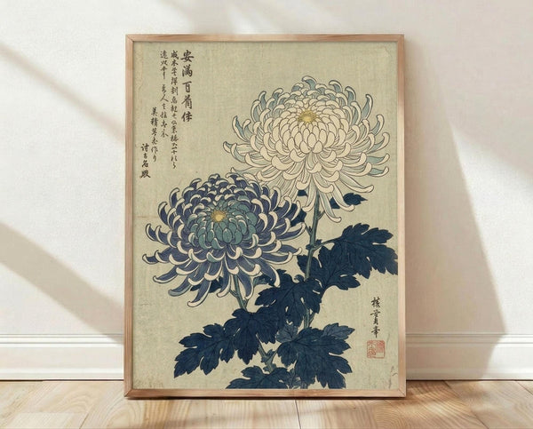 May include: Framed vintage Japanese botanical print featuring two detailed chrysanthemum blooms - one white with pale yellow center and one blue-purple with teal accents - alongside dark indigo leaves. Traditional Japanese text appears on cream-colored paper background. Natural wood frame sits on light wooden floor against white wall with soft natural lighting casting shadows.