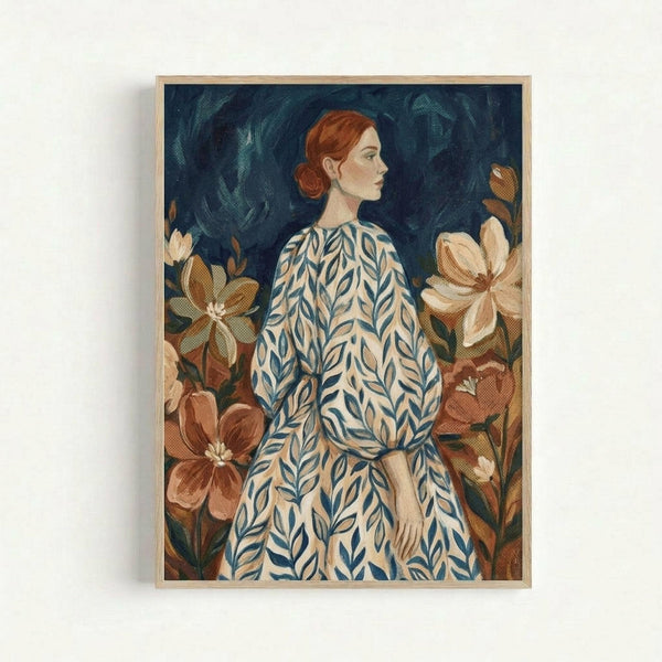 Framed portrait painting of a red-haired woman in profile wearing a white dress with blue leaf pattern. She's surrounded by large rust-colored and cream magnolia flowers against a dark teal background. The artwork is displayed in a light wood frame on a white wall, showing painterly brushstrokes and warm earth tones throughout the botanical composition.