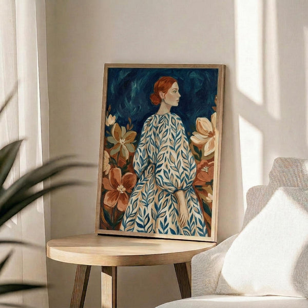 May include: Framed art print displayed on round wooden side table next to beige upholstered chair. Artwork shows woman with red hair in profile wearing blue and white leaf-patterned dress, surrounded by orange and peach magnolia flowers against dark teal background. Natural wood frame, soft window lighting, plant leaves visible in corner.