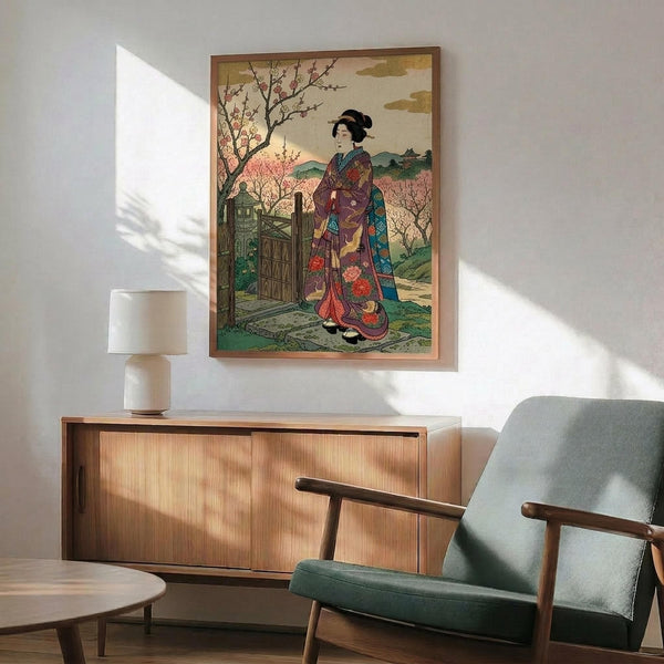 May include: Japanese woodblock print in thin wood frame hanging above mid-century modern credenza with table lamp. Artwork shows woman in colorful kimono with floral patterns standing by wooden gate, cherry blossoms and mountains in background. Room features mint green upholstered chair with wooden arms, round coffee table, white walls with natural sunlight creating geometric shadows.