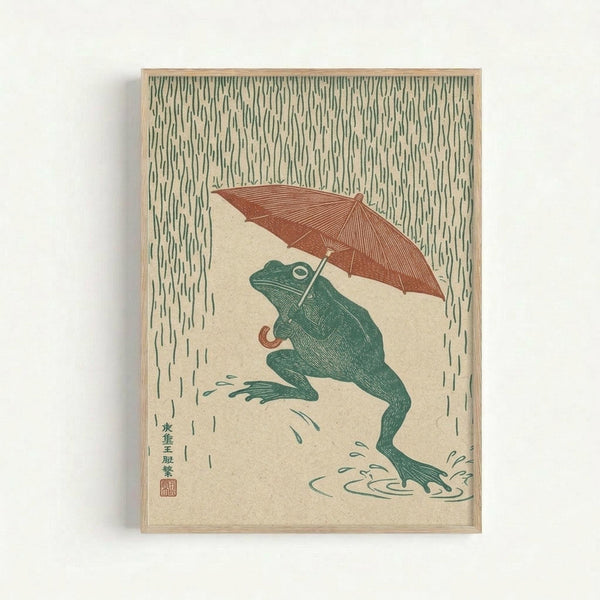 A vintage-style Japanese woodblock print featuring a green frog holding a reddish-brown umbrella while sitting in heavy rainfall. The frog is depicted in a classic ukiyo-e art style with detailed line work and cross-hatching. Rain falls diagonally across the cream-colored background, with small water droplets and ripples around the frog's feet. Japanese characters and a red seal stamp appear in the lower left corner. The artwork is displayed in a light wooden frame against a white wall.