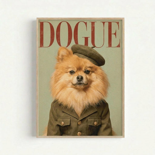 A framed poster featuring a fluffy orange Pomeranian dog wearing an olive green military-style jacket with brass buttons and a matching beret. The dog is photographed against a pale green background in a formal portrait style, creating a whimsical fashion magazine cover design. The word "DOGUE" appears in large red serif letters at the top, mimicking high-end fashion publications. The artwork is displayed in a light wood frame against a white wall.