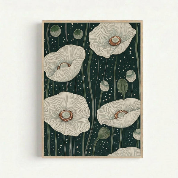 Framed botanical art print featuring white poppies with detailed petals and brown centers on a dark green background dotted with white spots. The flowers are arranged with green seed pods and long stems in a vintage Japanese illustration style. The artwork is displayed in a light wooden frame against a white wall.