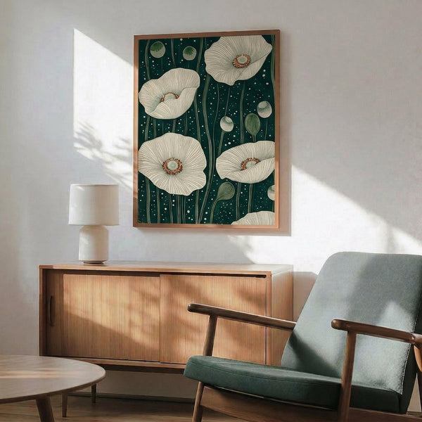May include: Framed botanical art print featuring white poppy flowers with detailed centers on dark green background, displayed above wooden sideboard with white ceramic lamp in modern living room setting with mid-century green upholstered chair and round coffee table, natural sunlight casting shadows on white wall