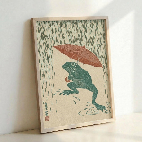 Framed print showing a green frog holding a rust-colored umbrella in falling rain, rendered in Japanese woodblock print style. The artwork features hand-drawn linework with the frog positioned centrally against a cream background, surrounded by detailed rain lines. Water droplets and splashes appear around the frog's feet. Japanese characters and a red seal mark appear in the bottom left corner. The print is displayed in a light wooden frame, leaning against a white wall.