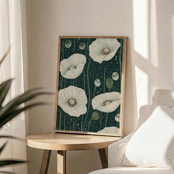 May include: Framed botanical art print displaying white poppies with detailed centers against deep teal background with small white dots, displayed on round wooden side table next to beige upholstered chair in sunlit room with plant shadows on cream wall