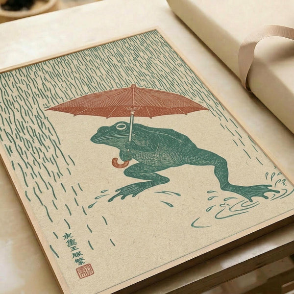 May include: Japanese woodblock-style print displayed in open book or portfolio, showing green frog holding red umbrella in heavy rain. Vintage illustration features detailed line work with teal and rust colors on cream background. Asian characters and red seal stamp visible in corner. Cream ribbon and white papers frame the artistic print.