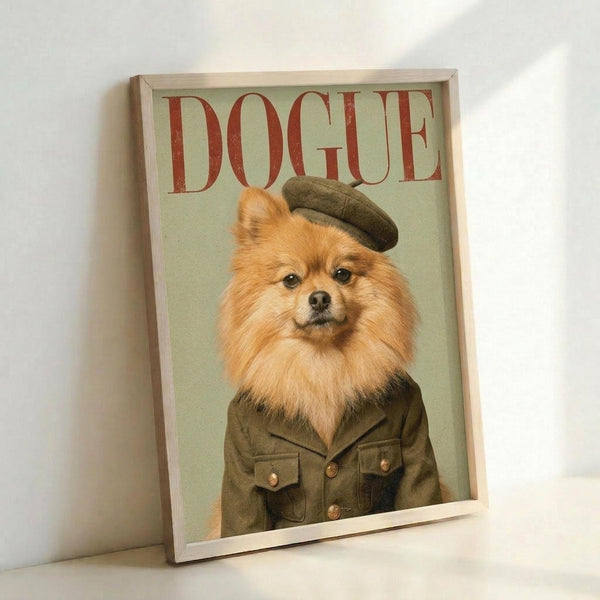 May include: Framed poster print featuring a fluffy orange Pomeranian dog wearing an olive green military-style jacket and matching beret, styled as a fashion magazine cover with "DOGUE" text in red letters at the top. The artwork has a vintage aesthetic with muted green background, displayed in a light wooden frame leaning against a white wall.