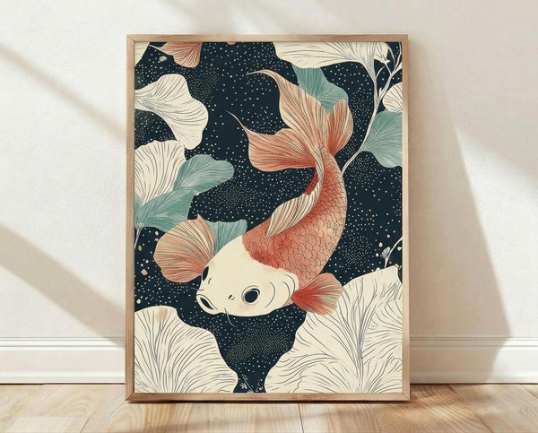 May include: Framed art print featuring a stylized koi fish with coral-pink scales and flowing fins swimming among cream and sage green ginkgo leaves against a dark navy background dotted with small white spots. The artwork has a Japanese-inspired aesthetic with flowing organic shapes and is displayed in a light wood frame leaning against a white wall on wooden flooring with soft natural lighting.