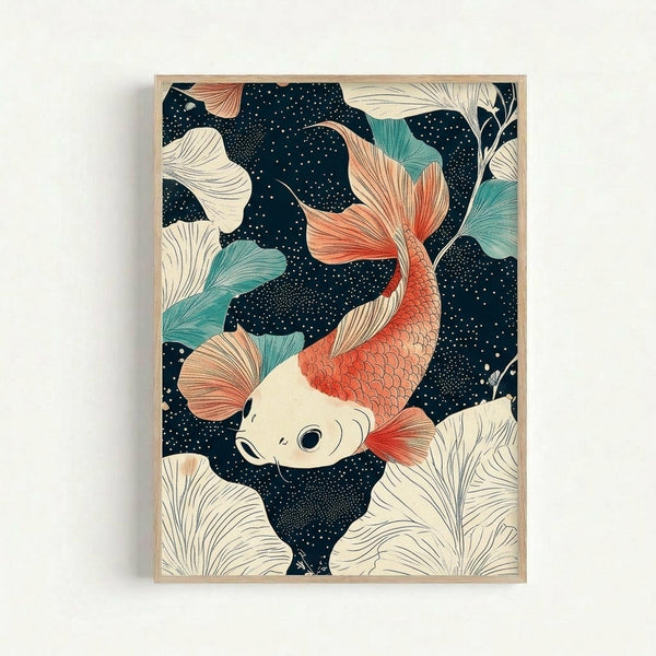 Framed artwork featuring a coral and cream colored koi fish swimming among teal ginkgo leaves against a dark navy background dotted with small white spots. The fish has detailed scales and flowing fins, surrounded by stylized botanical elements in cream and coral tones. The piece has a Japanese-inspired aesthetic with clean linework and is displayed in a light wood frame against a white wall.