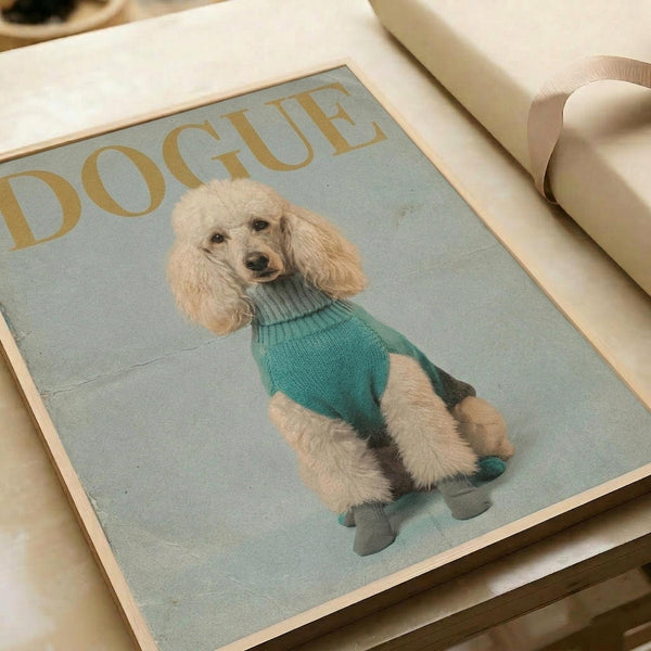May include: Framed poster print on white bedding showing a cream poodle wearing a turquoise turtleneck sweater and matching socks against a sage green background, with "DOGUE" in gold letters at the top mimicking a fashion magazine cover