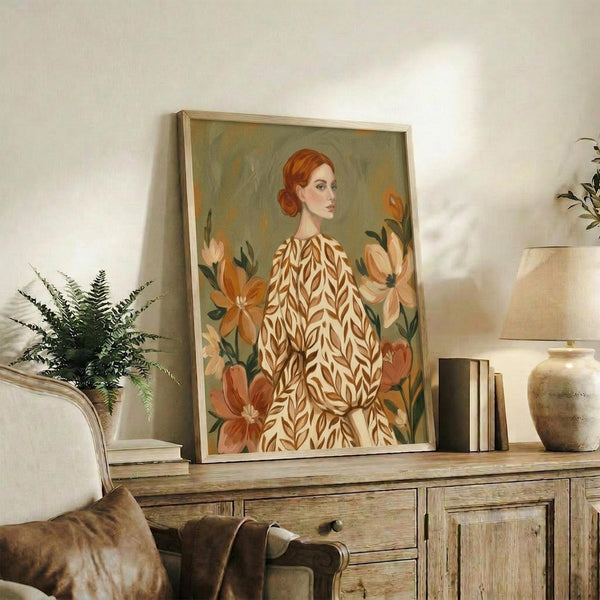 May include: Framed art print displayed on rustic wooden sideboard in neutral-toned living room. Portrait shows red-haired woman in cream dress with brown leaf pattern, surrounded by orange and peach flowers against sage green background. Scene includes fern plant, books, ceramic vase, and beige upholstered furniture.