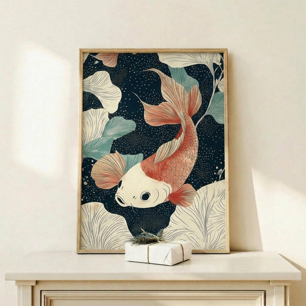 May include: Framed art print featuring a colorful koi fish with coral and cream scales swimming among stylized ginkgo leaves in teal and cream tones against a dark navy blue dotted background. The poster is displayed in a light wood frame on a pale wooden shelf next to a small wrapped gift box against a cream wall.