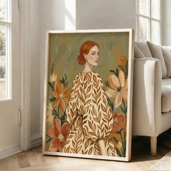 May include: Large framed art print leaning against white wall next to beige sofa, featuring red-haired woman in cream dress with brown leaf pattern surrounded by orange and peach flowers on sage green background, displayed in bright living room with hardwood floors and tall windows