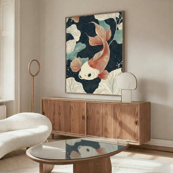 May include: Framed koi fish artwork with ginkgo leaves displayed above a walnut wood credenza in a modern living room. The poster features a white and coral-colored koi swimming among sage green and cream ginkgo leaves against a dark navy dotted background. Room includes white curved chair, glass-top coffee table, and brass floor lamp with neutral beige walls.