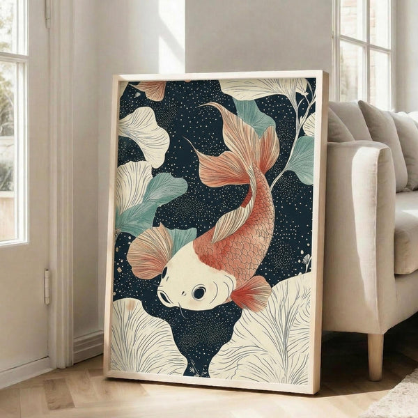 May include: Framed art print featuring a koi fish swimming among ginkgo leaves on a dark navy background with small white dots. The koi has coral and cream colored scales with flowing fins, surrounded by sage green and cream colored ginkgo leaves. The artwork is displayed in a light wood frame leaning against a white wall next to a beige upholstered chair in a bright room with large windows.