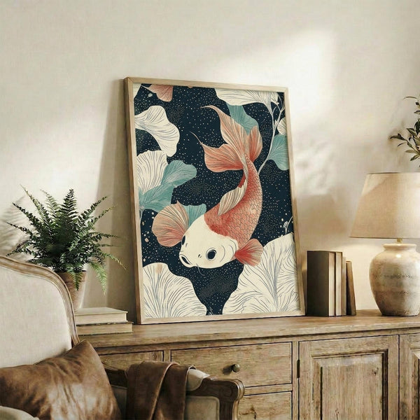 May include: Framed artwork displaying a decorative koi fish with coral and cream colored fins swimming among stylized ginkgo leaves against a dark navy dotted background, positioned on a rustic wooden sideboard next to a fern plant, books, and ceramic vessels in a neutral-toned living room setting.