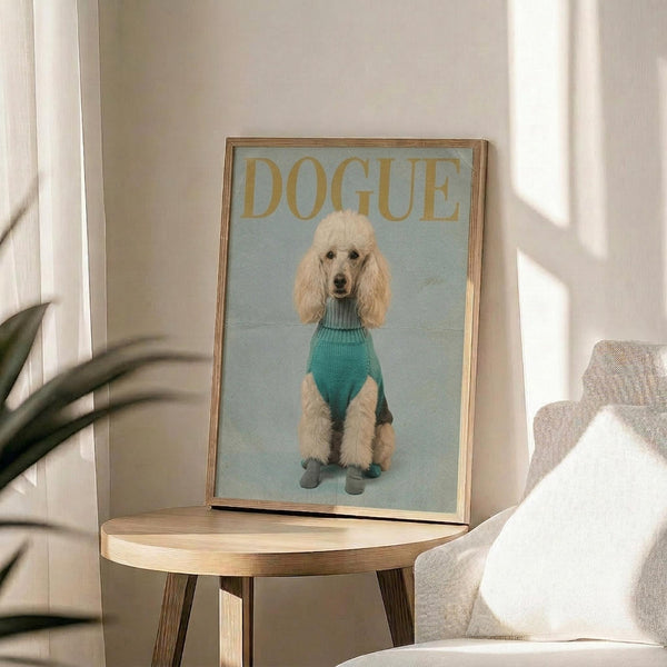 May include: Framed poster featuring a cream-colored poodle wearing a teal knit sweater and small boots, styled like a fashion magazine cover with "DOGUE" in gold letters at the top. The wooden frame sits on a round wooden side table next to a beige upholstered chair, with natural sunlight streaming through white curtains and a plant visible in the corner of this bright, modern living room setting.