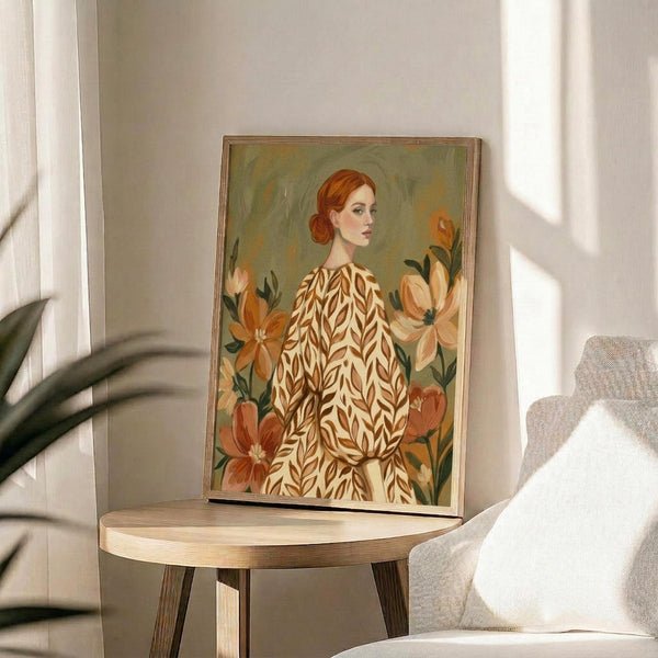 May include: Framed art print displayed on round wooden side table next to beige upholstered chair. Print features woman with red hair in low bun wearing cream dress with brown leaf pattern, surrounded by orange and peach flowers against sage green background. Natural lighting creates soft shadows across neutral-toned room setting with plant visible in corner.
