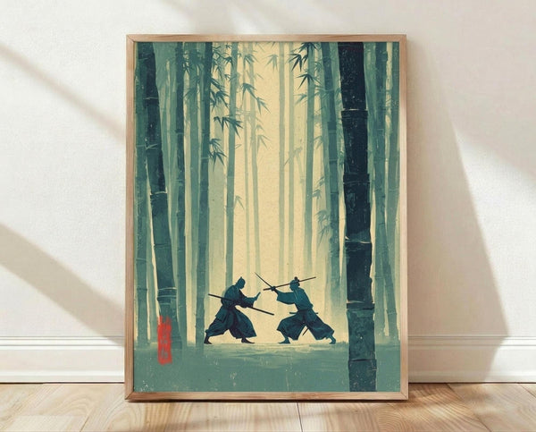 May include: Framed poster print featuring two samurai warriors engaged in sword combat within a misty bamboo forest. The artwork uses muted green and yellow tones with silhouetted figures in traditional robes. Red Japanese characters appear on the left side. The print is displayed in a light wood frame, leaning against a white wall on wooden flooring with natural lighting creating soft shadows.