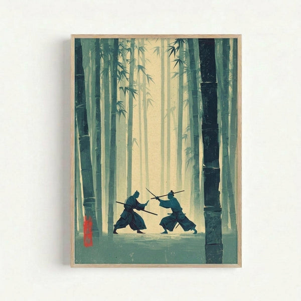 Two samurai warriors engage in sword combat within a misty bamboo forest. The artwork features tall green bamboo stalks creating vertical lines throughout the composition, with soft golden light filtering through creating an atmospheric haze. The silhouetted figures are positioned in the center, wielding katanas in traditional fighting stances. The color palette consists of muted greens, yellows, and earth tones with a vintage Japanese woodblock print aesthetic. A red seal mark appears in the lo