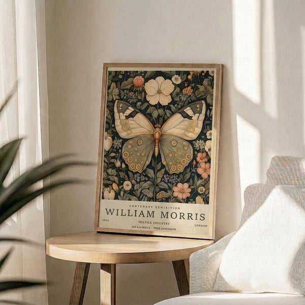 May include: Framed vintage-style exhibition poster featuring a large decorative butterfly with cream and olive green wings surrounded by botanical florals on dark background, displayed on round wooden side table next to beige upholstered chair with plant leaves visible, natural window light creating soft shadows on white wall