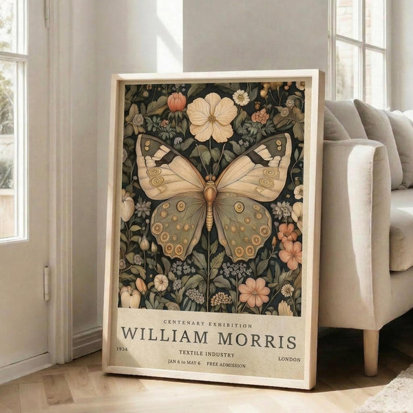 May include: Framed vintage-style exhibition poster featuring large ornate butterfly with cream and olive green wings surrounded by detailed botanical flowers and foliage on dark background. White matted frame leans against white wall next to beige upholstered sofa in bright sunlit room with hardwood floors.