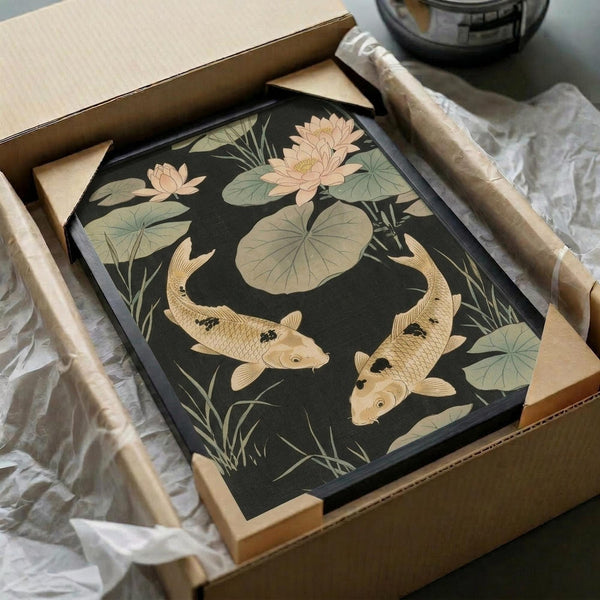May include: Japanese-style artwork featuring two golden koi fish swimming among pink lotus flowers and large green lily pads on a dark background, displayed in a black frame nestled in cardboard packaging with white tissue paper and wooden protective corners