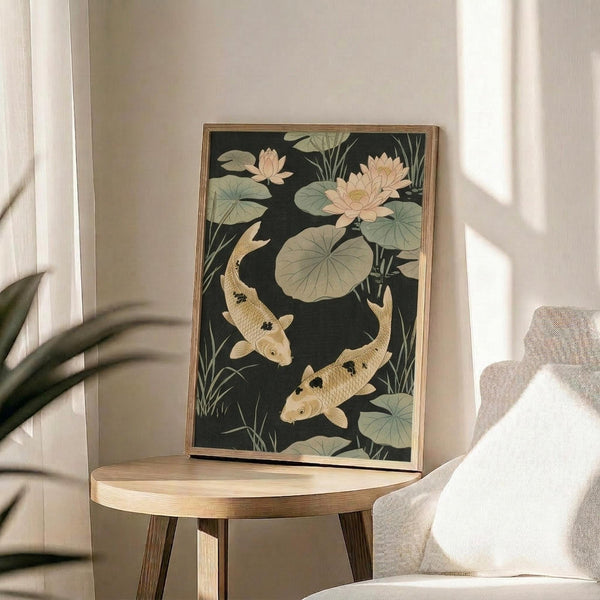 May include: Vintage Japanese art print featuring two golden koi fish swimming among lotus flowers and lily pads on dark water background, displayed in thin wooden frame on round wooden side table next to beige upholstered chair, with plant shadows and natural window light creating soft ambiance in neutral-toned room setting.
