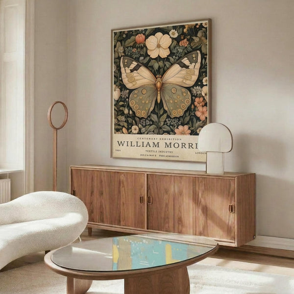May include: Framed William Morris-style botanical poster featuring large butterfly with cream and sage green wings surrounded by detailed flowers and foliage on dark background. Displayed above mid-century walnut credenza with brass hardware in modern living room setting. White sculptural chair, oval glass coffee table with colorful art book, brass floor lamp, and natural sunlight streaming across warm neutral walls visible in scene.