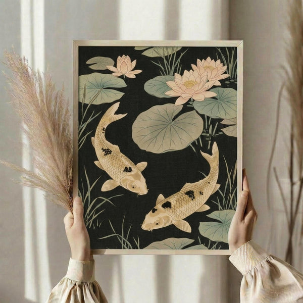 May include: Person in cream clothing with puffy sleeves holding a framed botanical print featuring two golden koi fish swimming among lotus flowers and lily pads on a dark green background. Dried pampas grass stems visible on the left side. Natural lighting creates soft shadows on neutral wall behind.
