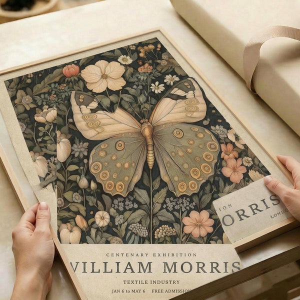 May include: Hands holding a vintage-style botanical poster featuring a large brown butterfly with circular wing patterns surrounded by detailed flowers and foliage on a dark green background. The art print has cream borders with exhibition text reading "Centenary Exhibition William Morris Textile Industry Jan 6 to May 6 Free Admission." White paper roll and ribbon visible in soft lighting.